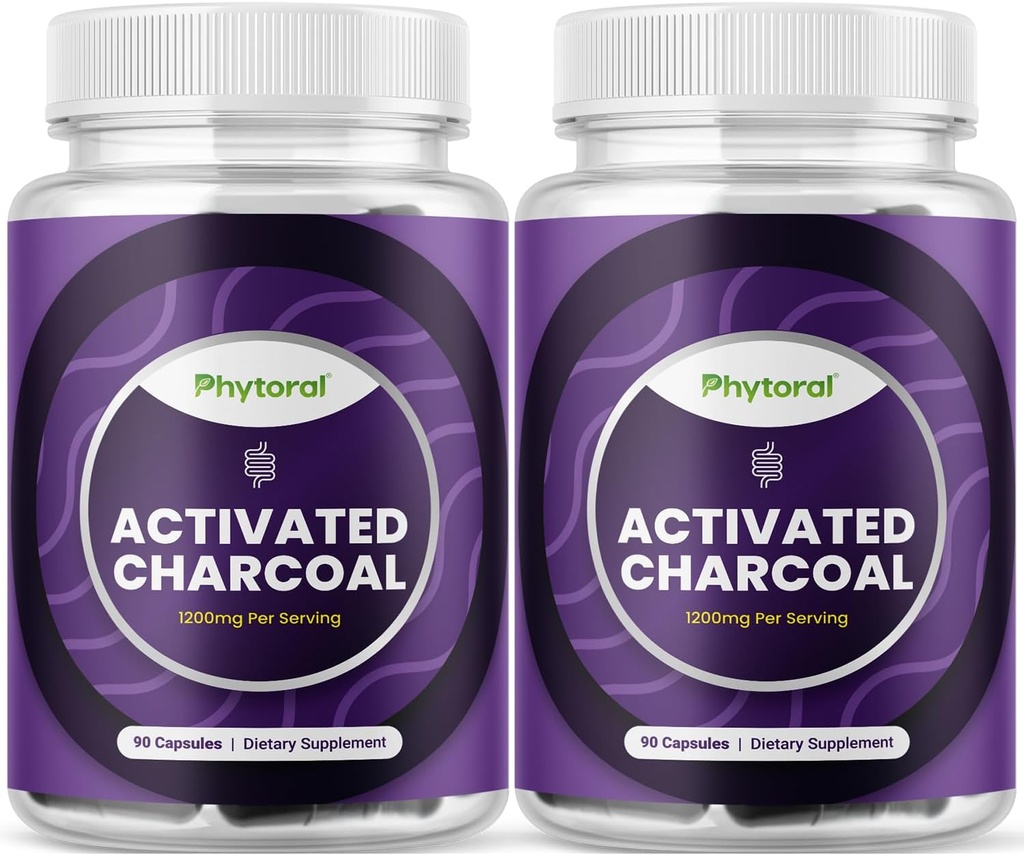 Activated Charcoal Pills Detox & Cleanse - Čisticí kokosové kapsle s 1200 mg per Serving for Bloating Relief - Active Detoxification Supplement for Body & Gut Health - 90 Count - 2 Pack