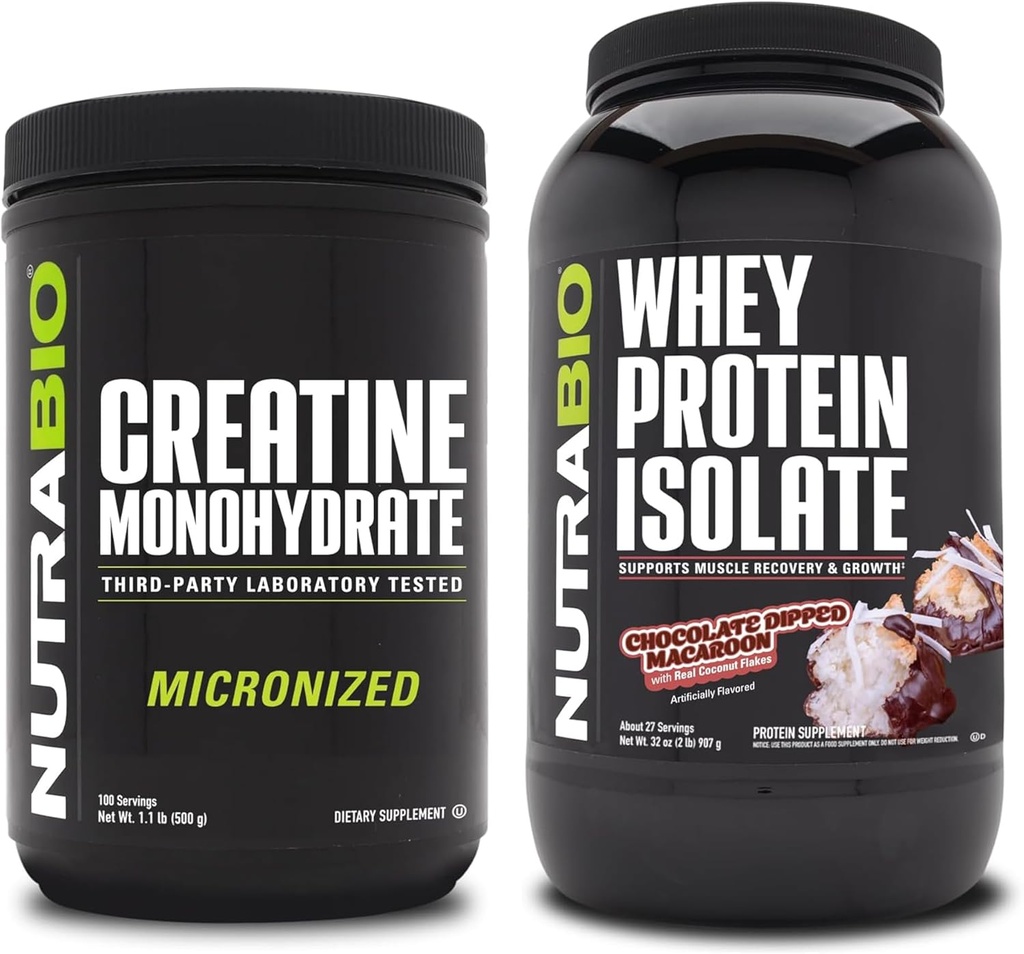 NutraBio Creatine Monohydrát, Neochucený, 500g a syrovátkový protein izolát, Čokoláda Dipped Macaroon, Doplněk Bundle - Svalová energie, Lean růst svalů, zotavení, a síla