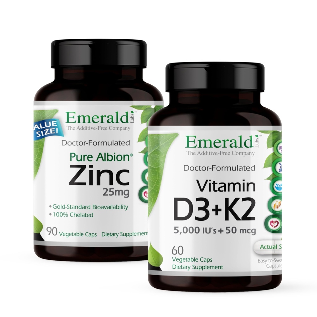 EMERALD LABS Vitamin D3 + K2 (60 caps) & zinek 25mg (90 caps) - Kostní zdraví, Podpora srdce, Imunitní podpora, Digestivní zdraví, Oxidativní stresová podpora - gluten- bez