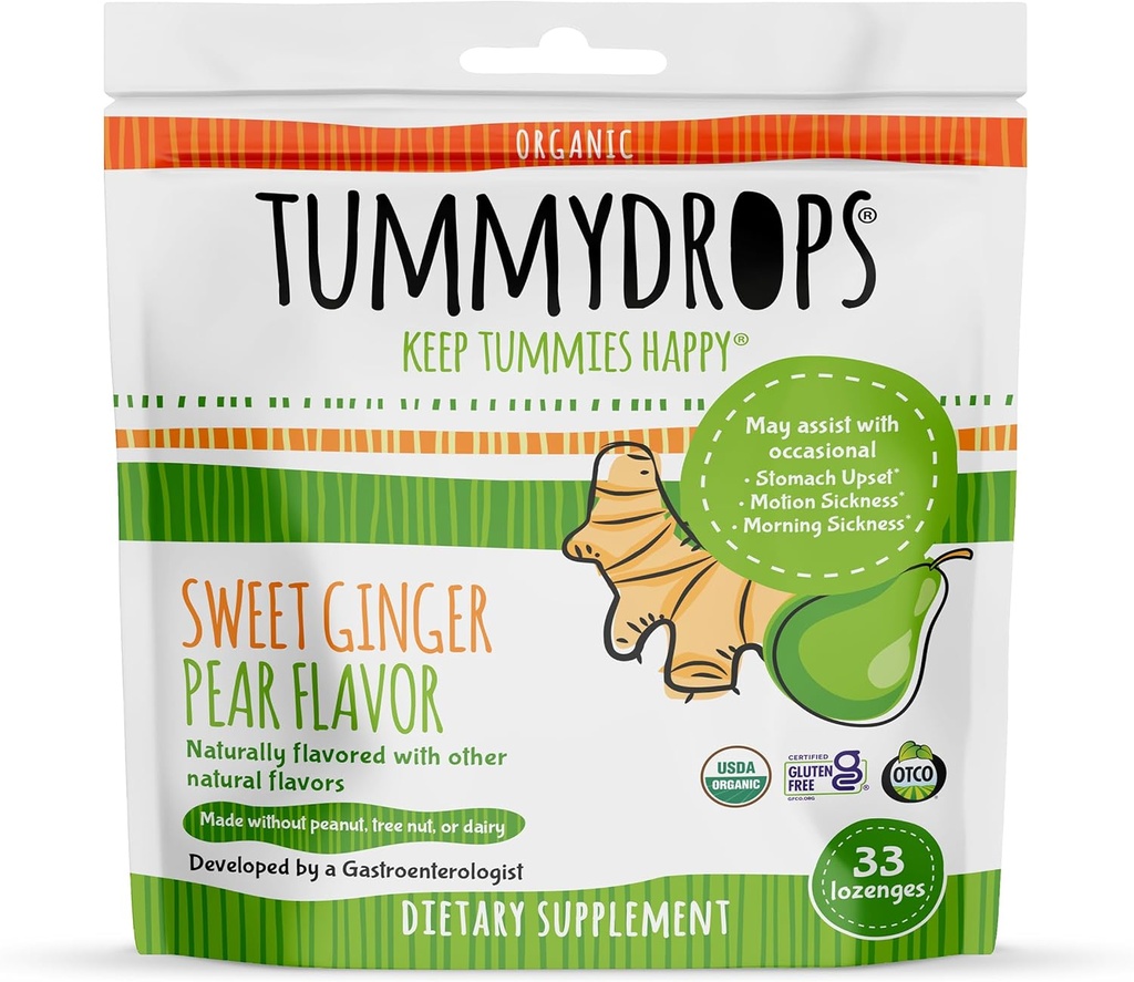USDA Organic Sweet Ginger Pear Tummydrops, gluten Free & Vegan. 33 Individuálně zabalené organické Ginger Lozenges v Resealable Bag.