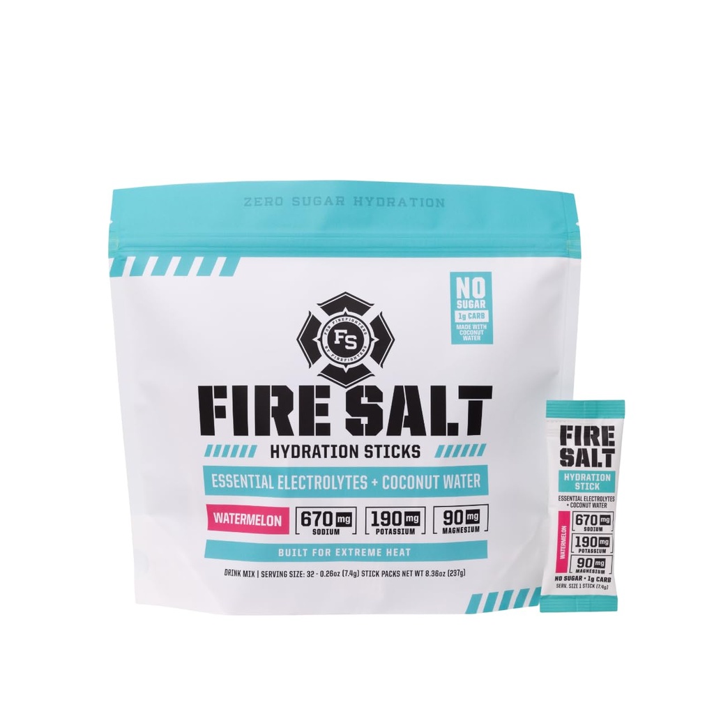 Fire Science Ohnivá sůl Hydratační hůlky, Electrolytes & Coconut Water, Hydration Drink Mix s hořčíkem, Draslík & Sodík, Nulový cukr, Single Serve On The Go Balení, Vodní meloun Flavor, 32 Počet