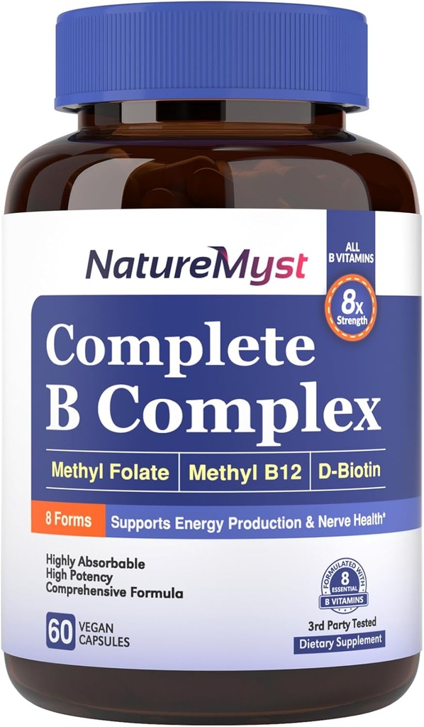 Kompletní B komplex, všech 8 B vitaminů, methyl B12, methylfolát, biotin, P-5-P, vysoce absorbovatelné, výroba energie, 60 Veganských Caps