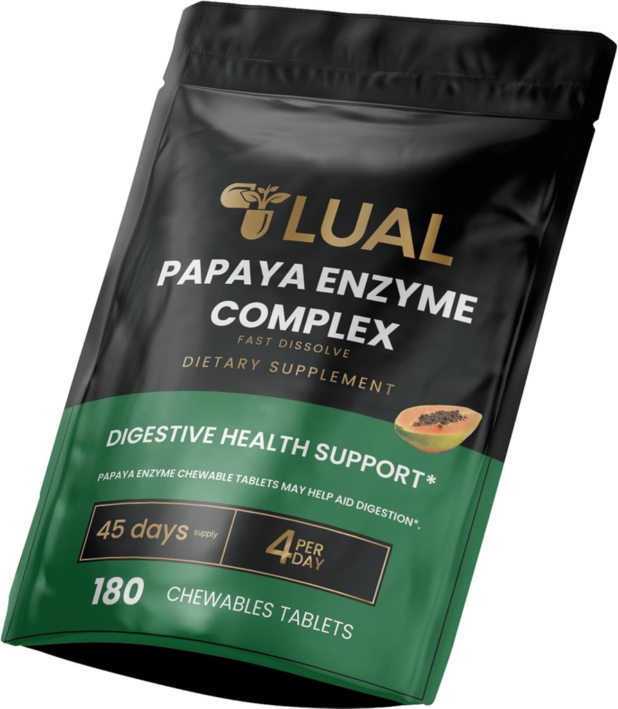 Lual Papaya Enzyme Complex - Žvýkací tablety s Papainem, Bromelain & Digestive Enzymy - Podporuje potravu a absorpci živin - Přírodní Papaya Flavor - 180 Počet