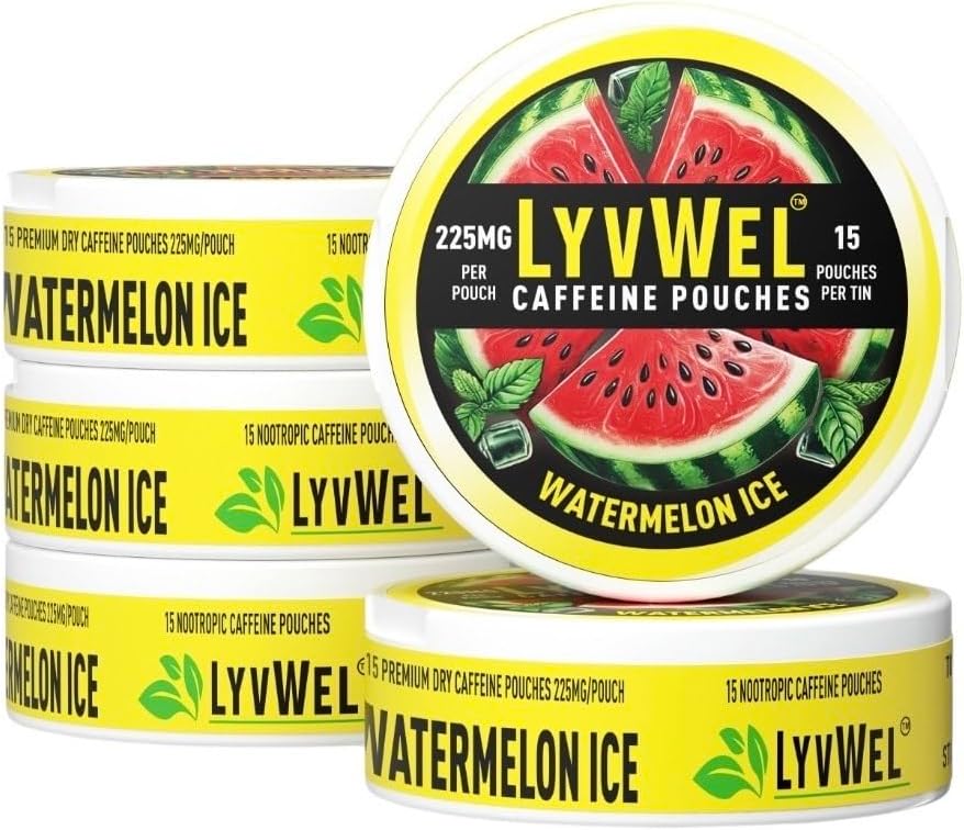 LyvWel 225mg Caffeine Energy Pouches - Meloun Led 5-Pack (75 Pouches) - Osvěžující energie & Focus - Guaraana- Enhanced Clean Boost for Workouts & Grind