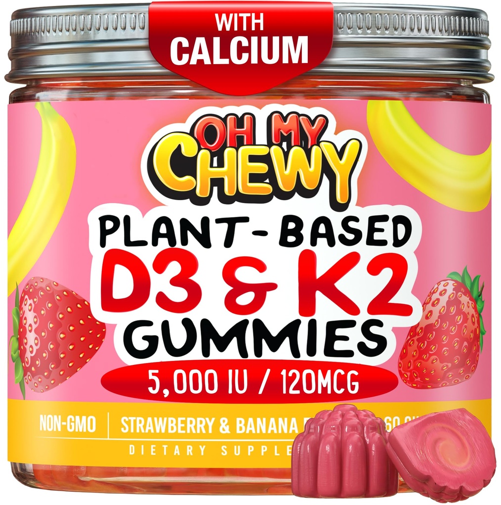 Center- plněný vitamin D3 K2 Gumies - Děti, dospívající a dospělí - dodatek pro zdravé zuby, kosti, energii a imunitu - 5000 IU D3, 120 mcg K2 (MK-7), 120 mg vápníku - Vegan & Non- GMO - 120 Počet