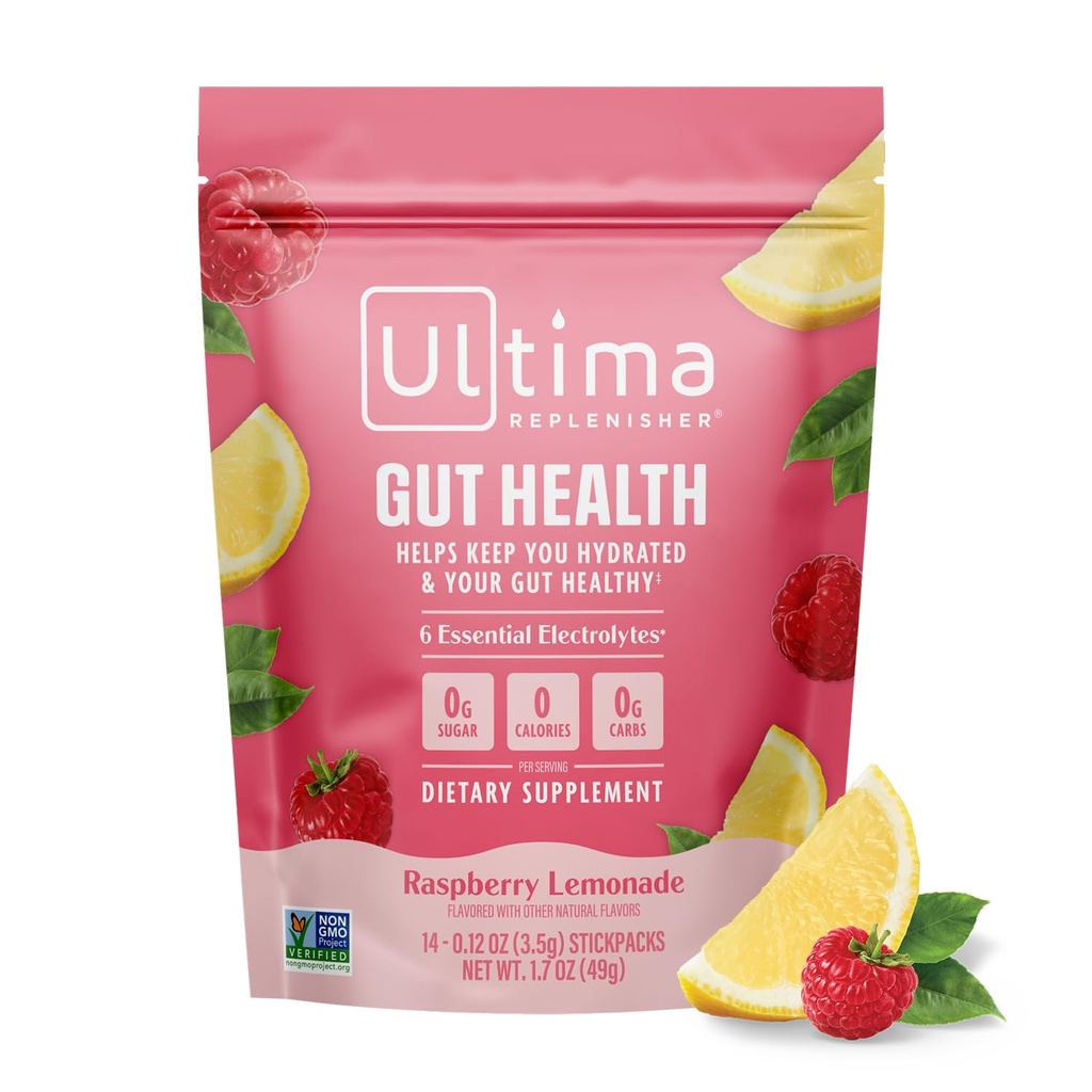Ultima Replenisher Gut Health Supplement a Electrolytes Powder - Malina Lemonade, 14 Stickpacks - Hydratační balíčky s přidanými Gut Zdravotní výhody