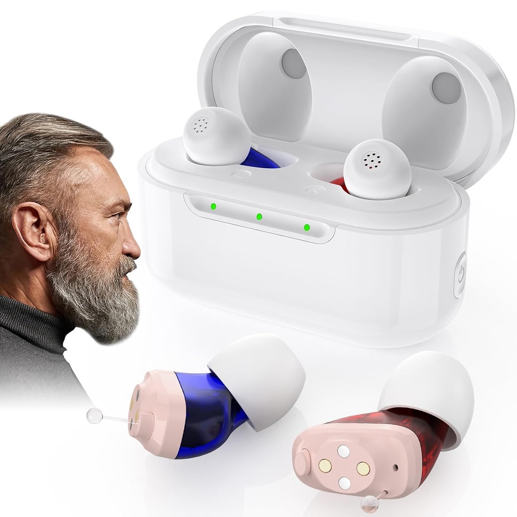 Nabíjecí OTC naslouchací pomůcky pro seniory - 16 kanálů & 4 módy zesilovače sluchu s rušením hluku, neviditelné zařízení pro in- ear s nabíječkou pro dospělé