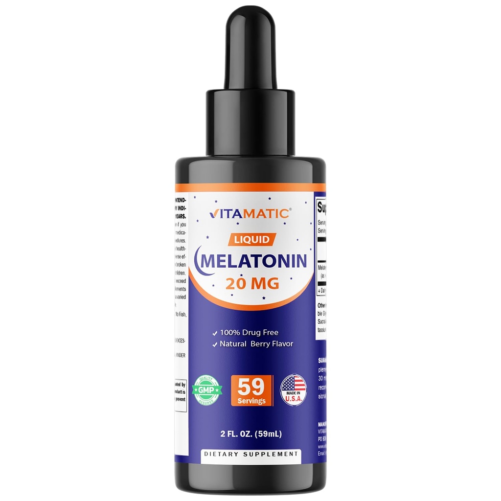 Vitamatic Melatonin 20mg Kapky tekuté - 2 tekuté Ounce (59ml) - Přírodní Berry Flavor - pro dospělé - Non- GMO - vegetariánský dodatek