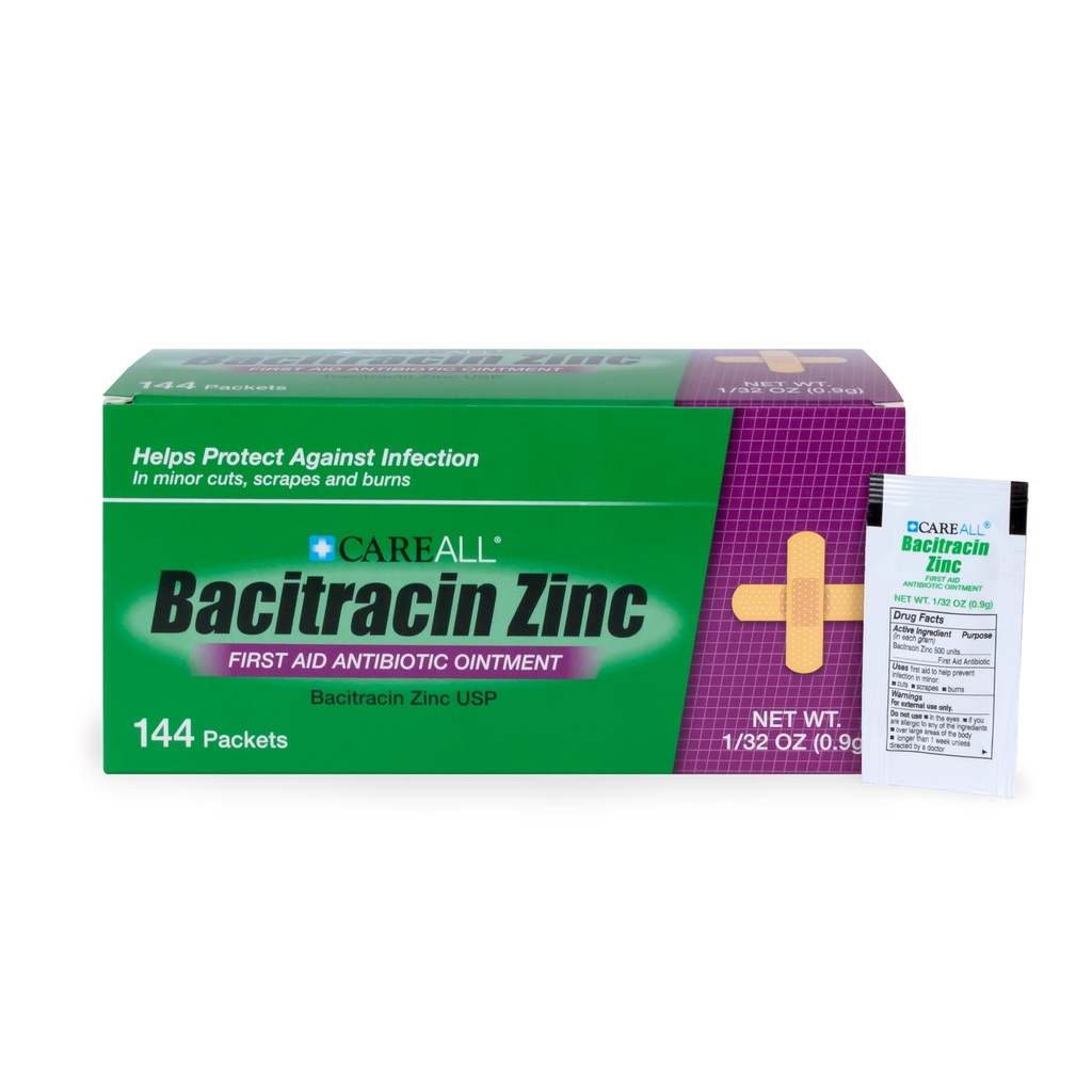 CareAll Bacitracin Antibiotický zinkový mast (144 Pack), 0, 9gr Foil Packet. První pomoc mast, která zabraňuje infekci pro malé kusy, škrabky a popáleniny