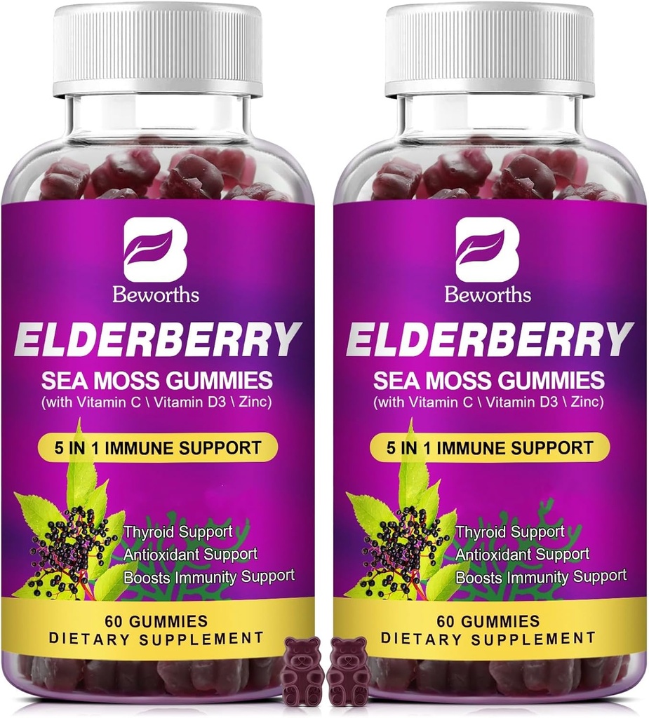 (2 Pack Elderberry Gummies & Irish Sea Moss, Organic Sambucus Elderberry Gummy with Seamoss, Zinek, Vitamin C, D3, Multivitamin Elderberry Vitamíny - Sugar- zdarma