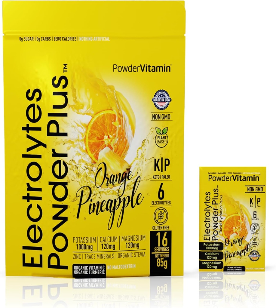 PowderVitamin Electrolytes Powder Plus, Keto, pomerančový ananas, bez cukru, růžová himalájská sůl, 1000mg draslík, 120mg vápníku, 120mg hořčíku, Non- GMO, Nulové kalorie, (16 Hydratační pakety)