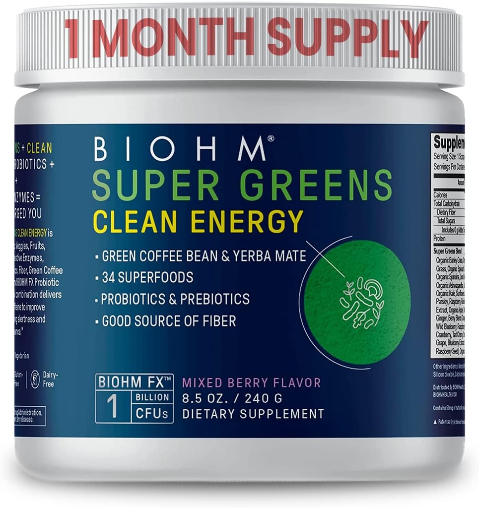BIOHM Super Zelené Čistá energie, Zelená Superfood Powder (8.5 Oz, 30 Servings) Podporuje Gut zdraví & Cognition, 34 Přírodní ovoce, zelenina & Bylinné Extrakty s prebiotika, Probiotika & Enzymy