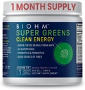 BIOHM Super Zelené Čistá energie, Zelená Superfood Powder (8.5 Oz, 30 Servings) Podporuje Gut zdraví & Cognition, 34 Přírodní ovoce, zelenina & Bylinné Extrakty s prebiotika, Probiotika & Enzymy