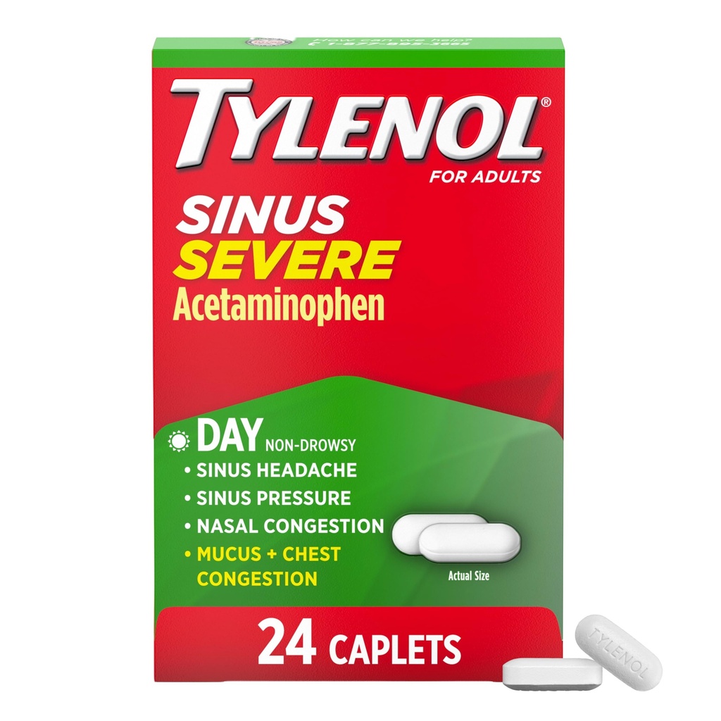 Tylenol Sinus Těžké Denní Cold & Flu Relief Medicine Kaplety, Non- Drowsy Pain Reliever, Horečka Reductor Expectorant & Decongestant, Acetaminofen, Guaifenesin & Fenylefrin HCl, 24 ct