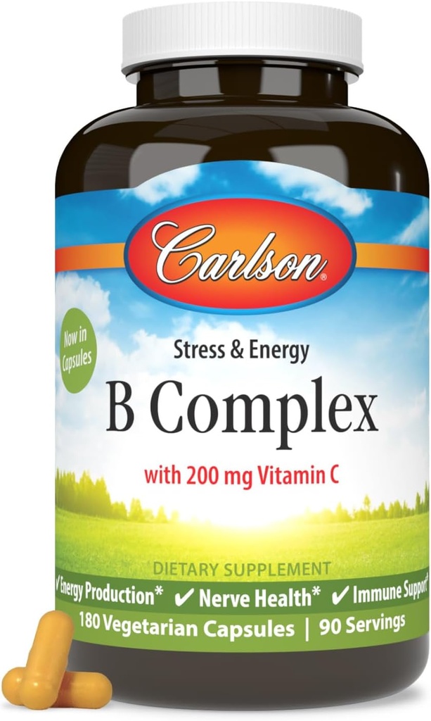 Carlson - B Complex Balanced B Vitamíny s vitaminem C - Stres, Energie a imunitní vitamín B komplex pro ženy a muže - 180 Vegetariánské kapsle