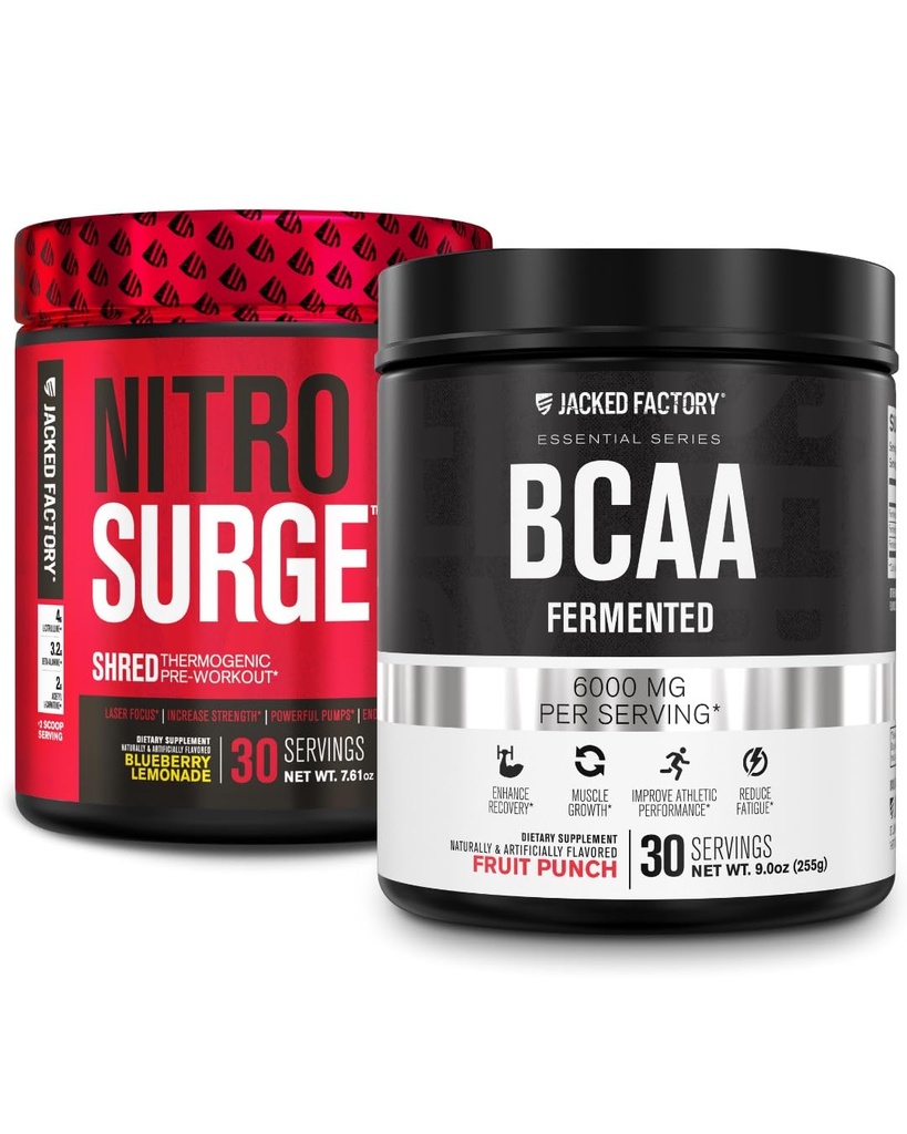 Jacked Factory Nitrofresh Shred Thermogenic Pre- cvičení v Blueberry Lemonade & BCAA ve ovocném punči pro tělesné doporučení, budování svalů a zotavení
