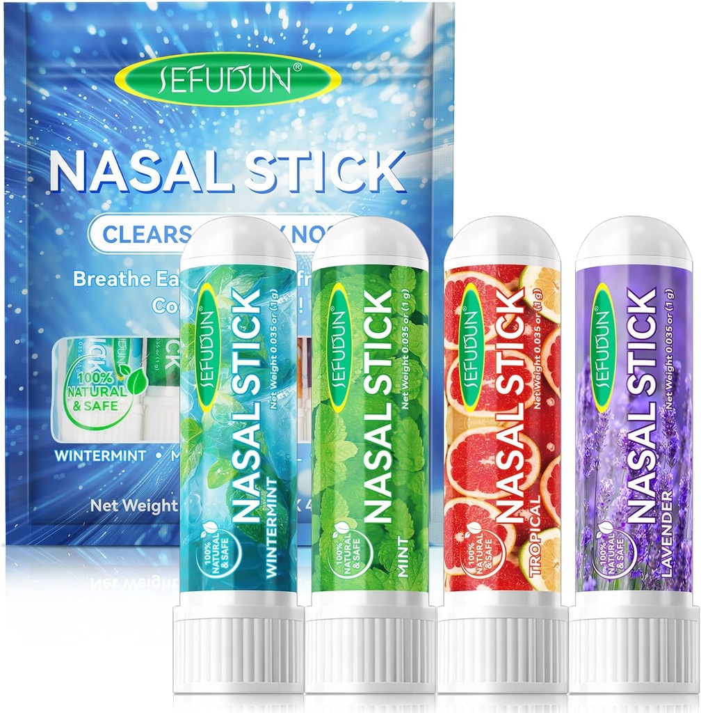 4PCS Nasal Stick, Nasal Inhaler Stick, Inhaler Nasal Stick pro Sinus Relief & Vertigo Relief, Aromatherapy Inhaler Made with Essential Oils + Menthol (Mint, Wintermint, Tropical, Lavender)