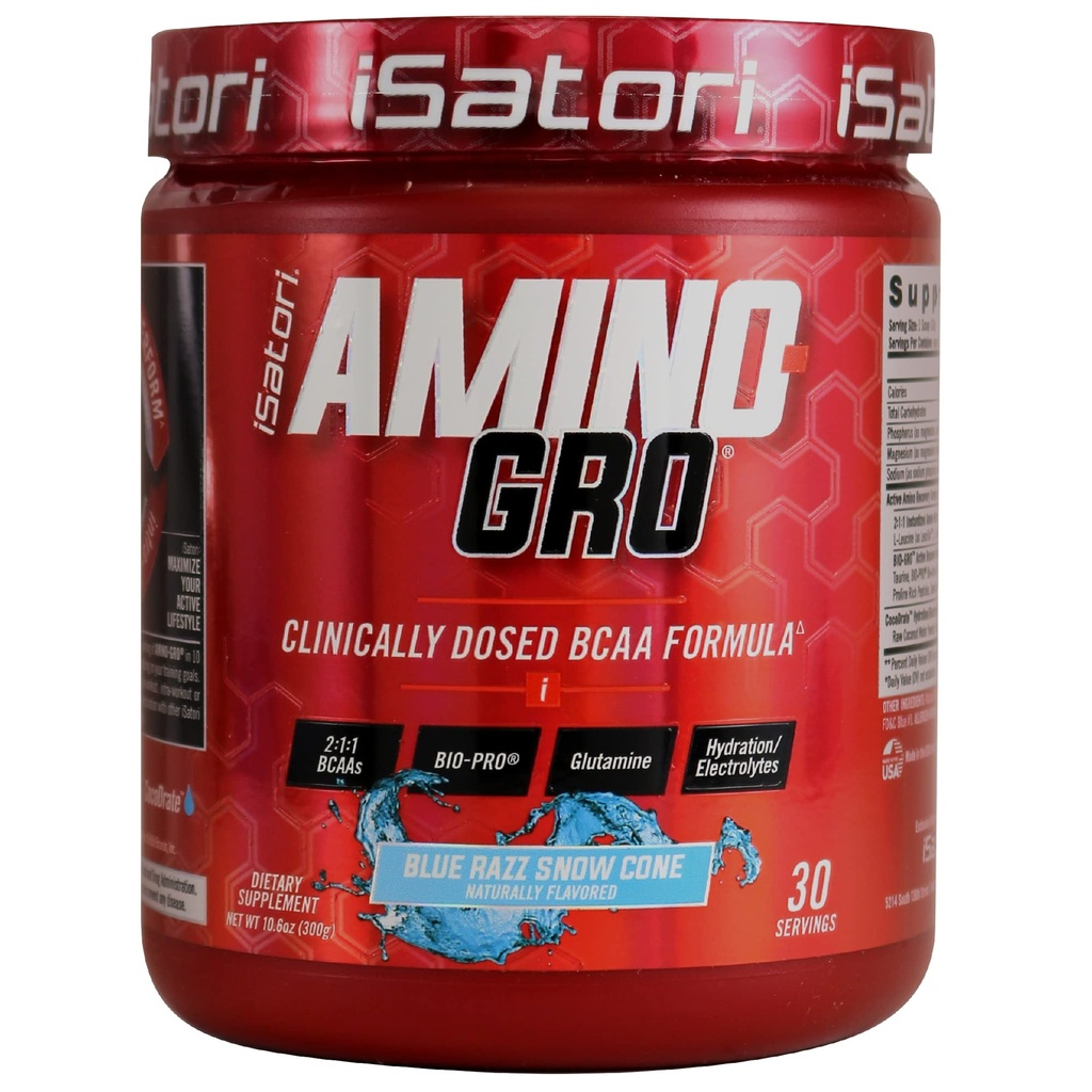iSatori amino- GRO BCAA Powder, Branched Chain Amino Acids with glutamine, Electrolyte Powder & Bio- GRO Bio- Actides for Muscle Growth & Post Workout Recovery, Blue Razz Snow Cone (30 Servings)