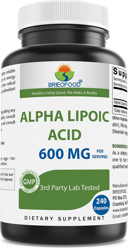 Brieofood Alpha Lipoic Acid 600mg per Serving - 240 Kapsle - Non- GMO, gluten zdarma