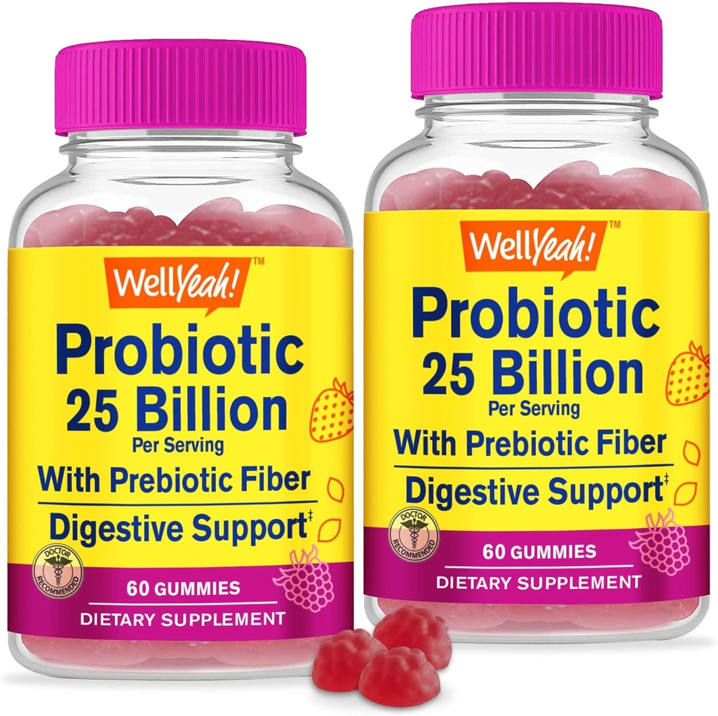 WellYeah (2 balení 25 miliard probiotik + prebiotika pro muže a ženy - stravovací podpora, Gut zdraví, imunitní podpora Gummy - Probiotika pro stravovací zdraví s 12 Stravovacích drážek - 60 Gummies