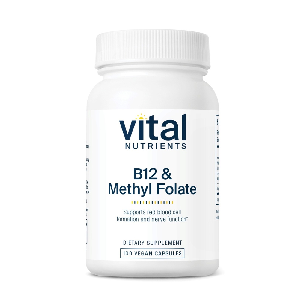 Vitální živiny Vitamin B12 & Methyl Folát 124; Vegan Methylovaný folát & B12 Dodatek CLAS124; 5-MTHF Plus B12 podporuje nervový systém & Metabolismus * CLAS124; Gluten, Mléčné mléko, Soy zdarma CLAS124; 100 Kapsle