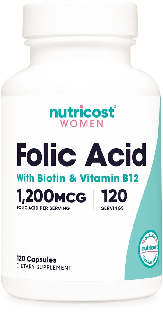 Nutricost kyselina listová pro ženy (vitamin B9) 1200 mcg, 120 Kapsle, s B12 a Biotin, Veggie Caps, Non- GMO & gluten zdarma