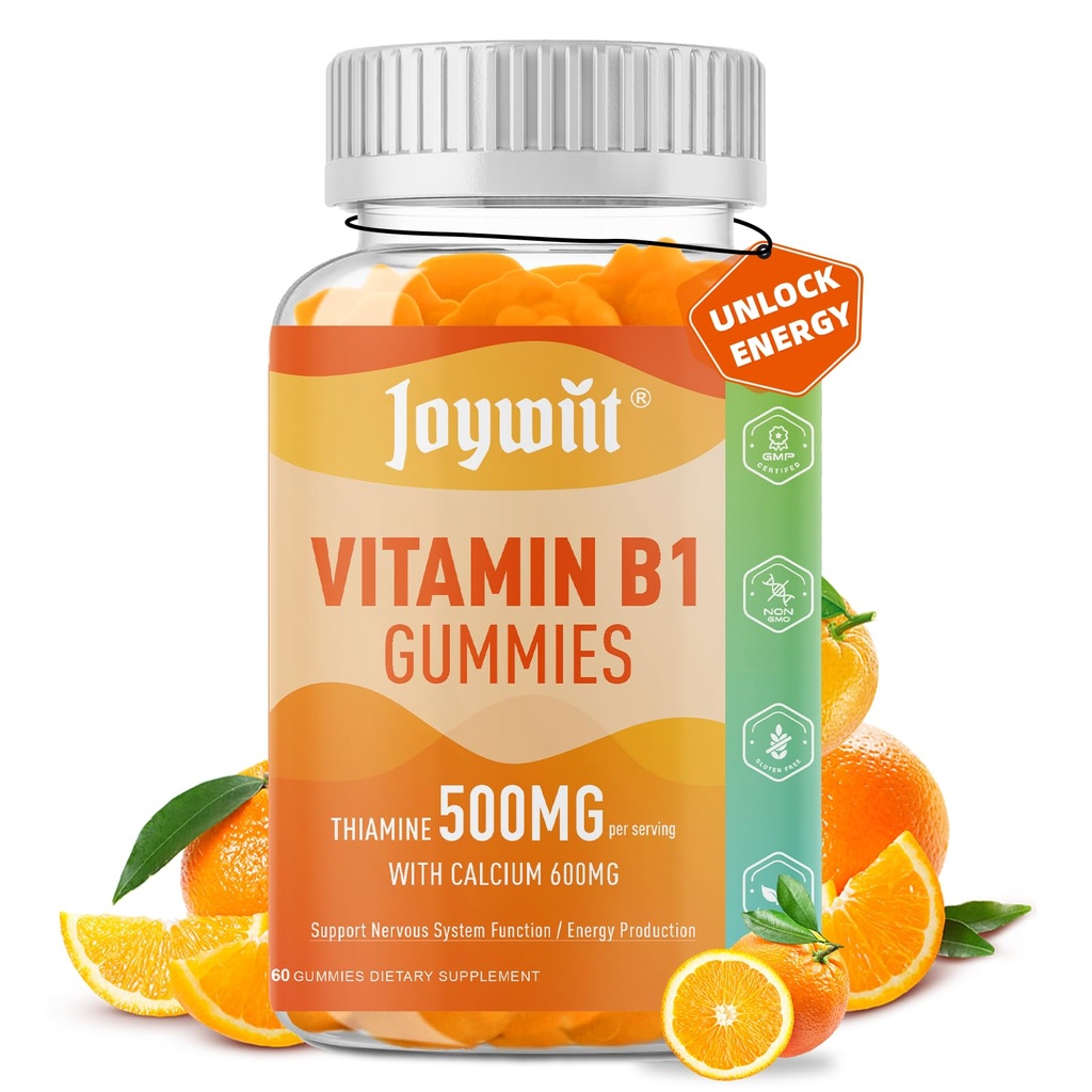Vitamin B1 Gummies 500mg, Žvýkací Thiamin B1 dodatek pro dospělé, s 600 mg vápníku Citrát, Podpora nervového systému, Vegan, Přírodní Orange Flavor