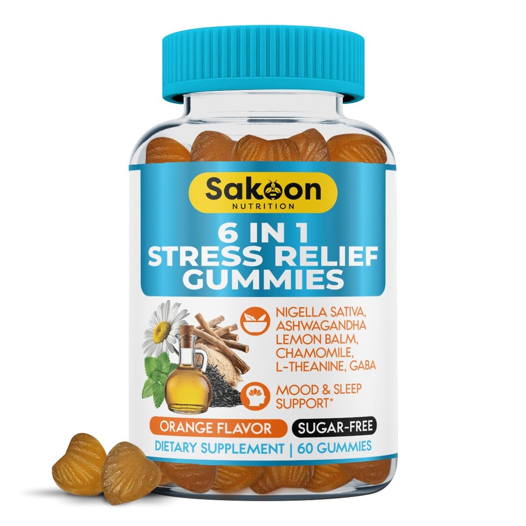 6-in-1 Stress Relief Gummies 60ct - Asies Relaxation with Ashwagandha, GABA, L-theanine, Lemon Balm, Hemomile, Black Cumin Seed Nigella Sativa. Lepší hluboký spánek, společná podpora - 60 žvýkaček