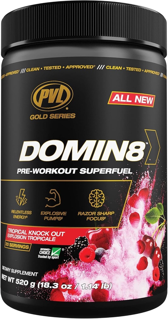 PVL Gold Series Domin8 DOMINAR 124; Pre- Workout Superfuel - Full dose - 520 g - Tropical Knock Out