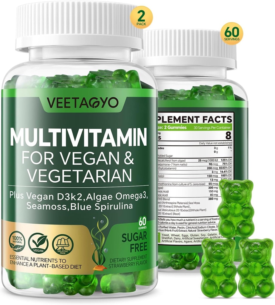 Vitamin D3 + K2-1000IU D3 90mcg K2 - Multivitamin pro vegetariány a dospělé w / Řasy Omega33, Železo, Methyl B12, Seamoss, jód pro kosti, svalovina, energie, podpora imunity - cukr zdarma, gluten- zdarma, 120 Počet
