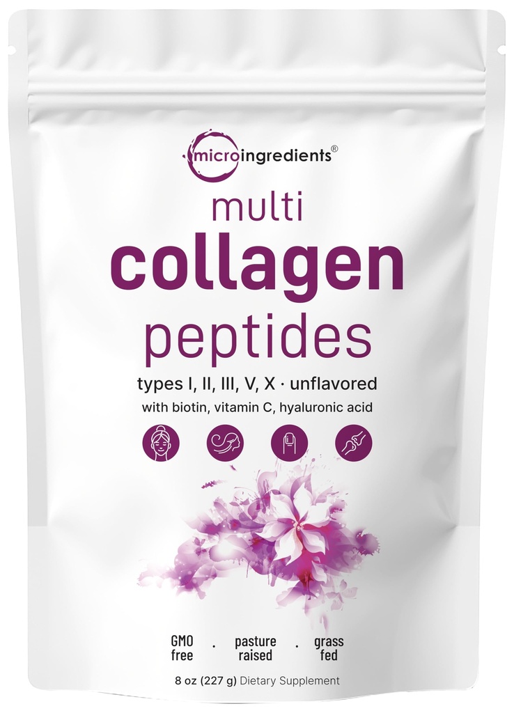 Micro Ingredients Multi kolagen Peptides Powder, 8oz CZ124; Typ I, II, III, V, X + Biotin, Vitamin C & Hyaluronic Acid CZ124; Neochucené CZ124; Podporuje vlasy, kůže a společné zdraví CZ124; Keto, Non- GMO