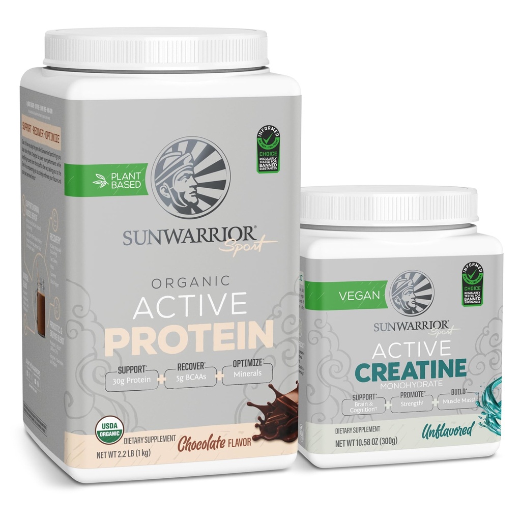 Sunwarner Creatine Powder & Vanilla Active Organic Protein Powder Set 124; Bundle & Save Out 124; Vegan Protein Plus Neochucené Creatine Monohydrát (60 Služeb Neochucené, 20 Služební čokoláda)
