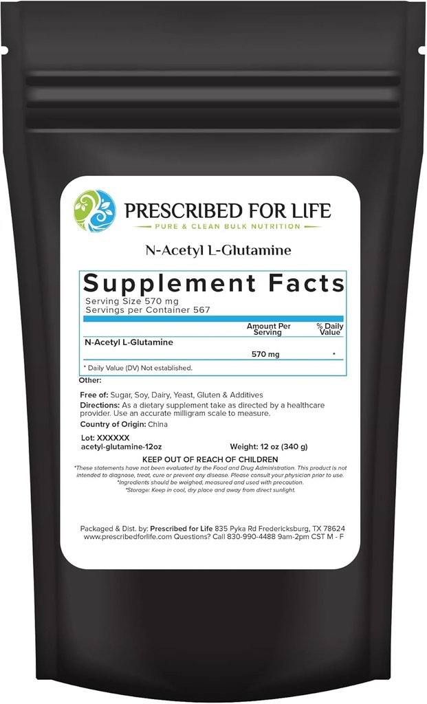 Předepsaný pro život N acetyl L glutamin prášek, čistý L glutamin aminokyseliny dodatek (12oz / 340g)