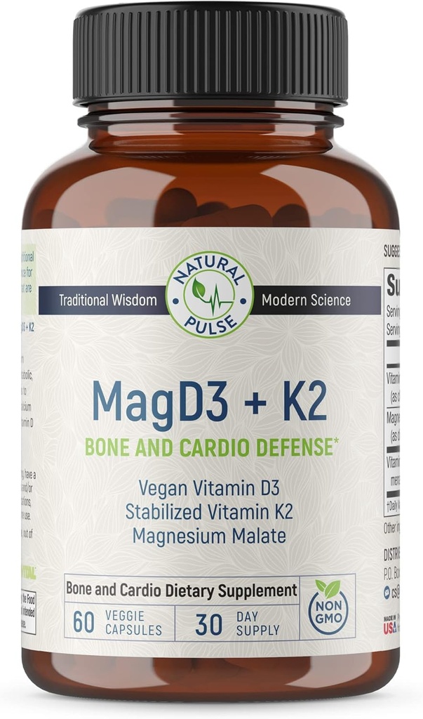 Malate hořčíku + Vegan Vitamin D3 + stabilizovaný vitamin K2, Kompletní podpůrný doplněk pro buněčnou energii, kardiovaskulární, imunitní a metabolické zdraví a kostní sílu, 90 Veggie Caps