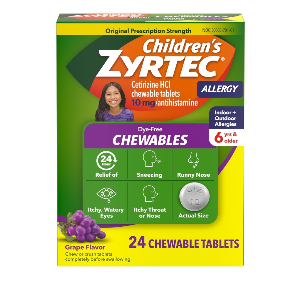 Zyrtec Dětské Dye- Free Chewables for 24 Hour Alergies Relief, 10 mg Cetirizin Hydrochloride Antihistaminium Tablety, Dětské Alergie Medicine Relieves Suezing & Itchy Throat, Grape, 24 ct