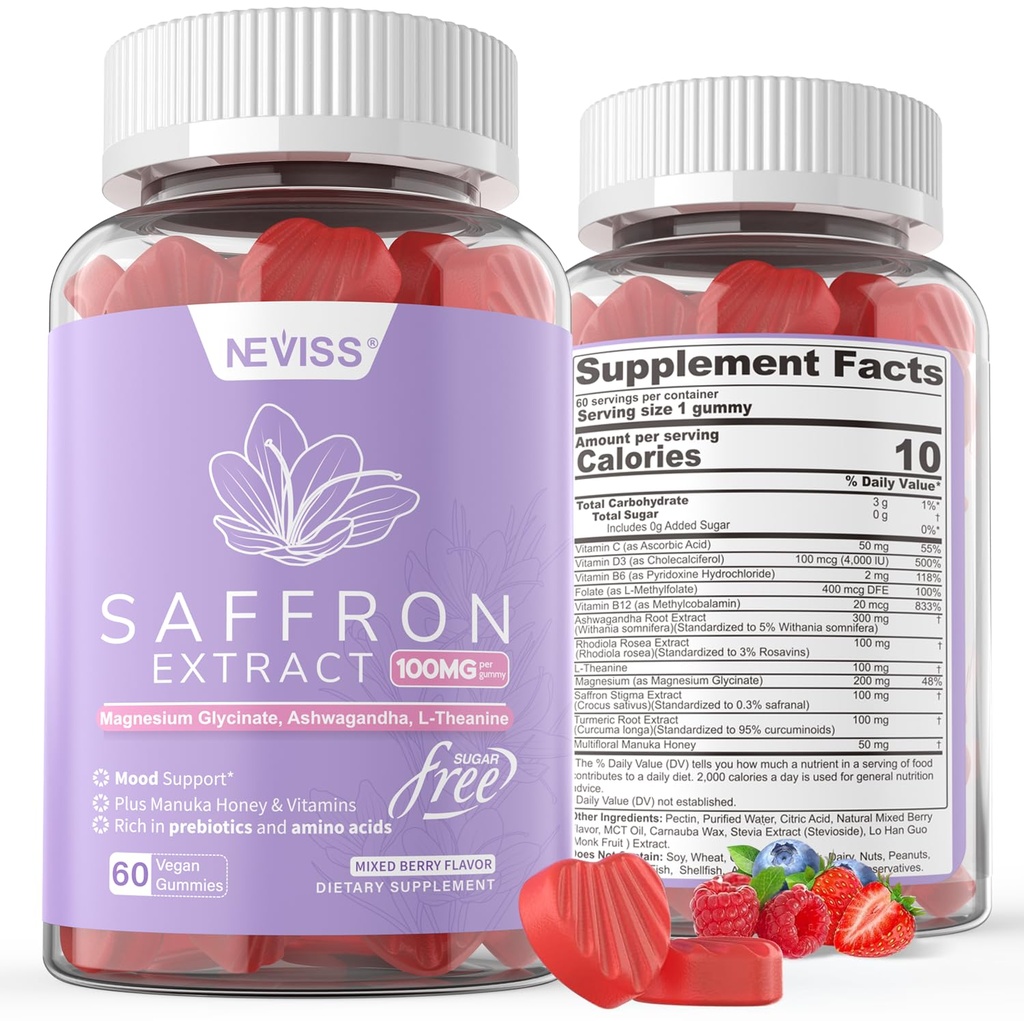 Saffron doplňky Gummies 100mg - 100% čistý saffron extrakt s magnesium- glycinát, L- theanin, kurkuma, Ashwagandha, med & vitamin B komplex pro mood & Power, antioxidant, vitalita - 120 Počet