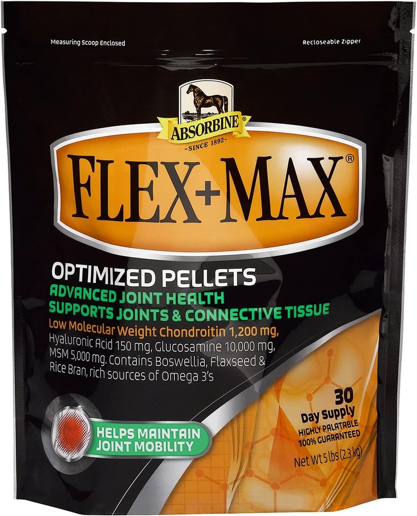 Absorbine Flex + Max Horse Joint Supplement Pelety, Vysoce chutné, Komplexní Equine Formule s Glucosamine, MSM, Chondroitin & Flaxseed, 5lb Bag / 30 Day Supply