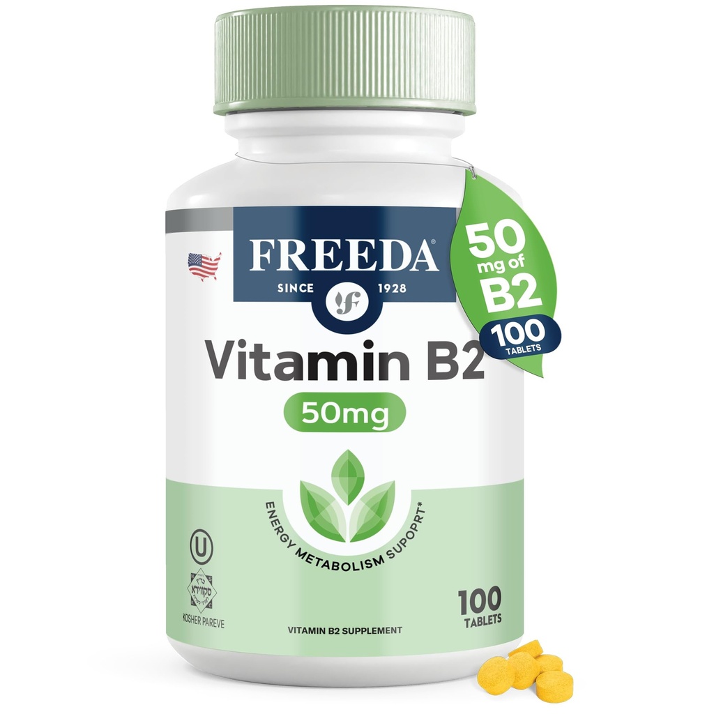 Freeda Vitamin B2 Riboflavin 50mg - Podpora energetického a nervového systému - Kosher, Vegan, gluten- Volný doplněk B2 pro mozek a metabolismus - (100 Ct)