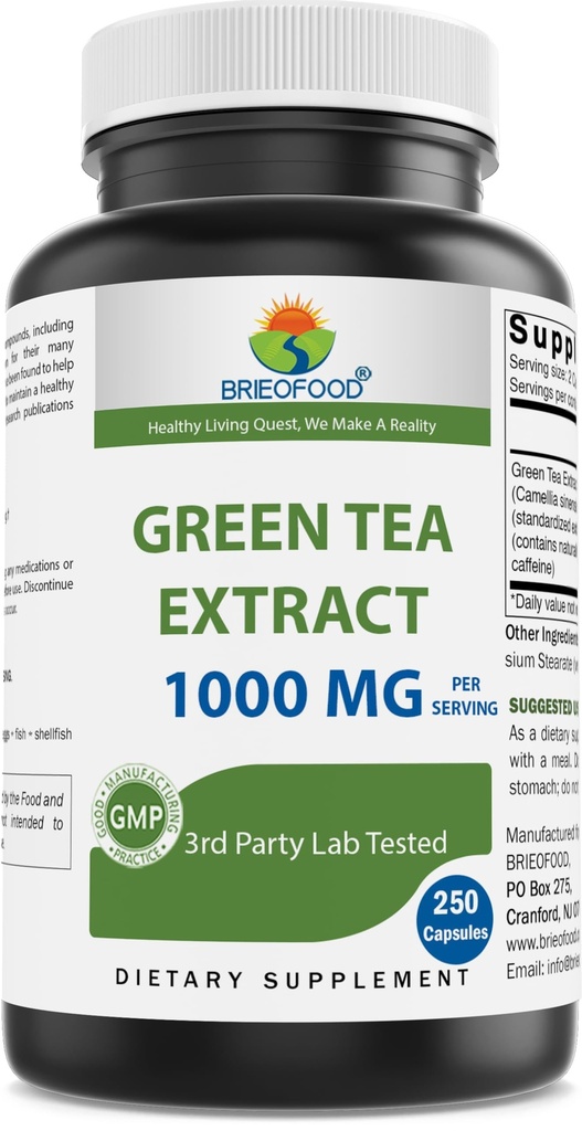 Brieofood Green Tea Extract 1000 mg na jedno podání (Min 50% polyfenoly) - 250 Kapsle - 3. strana Lab Tested for Purity & Quality