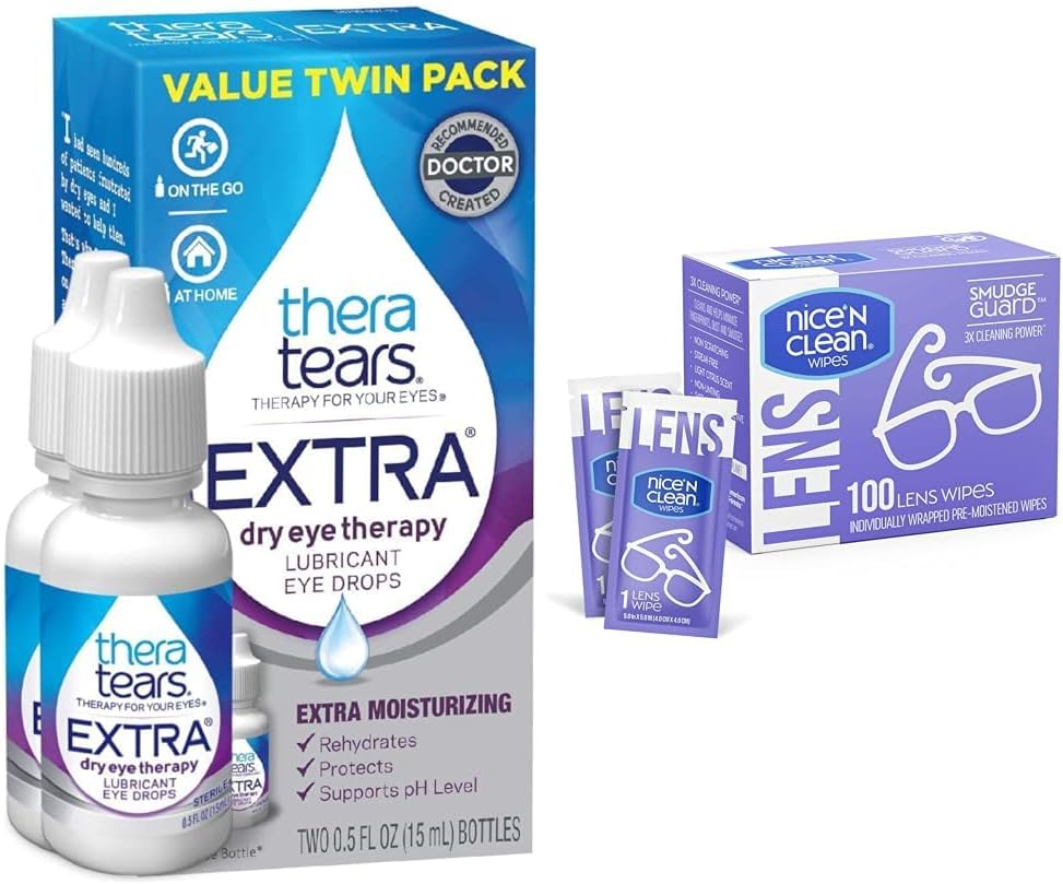 TeraTears Extra suché oční kapky, 2 Count & Nice 'n Clean 100 SmudgeGuard Lens Wipes Bundle