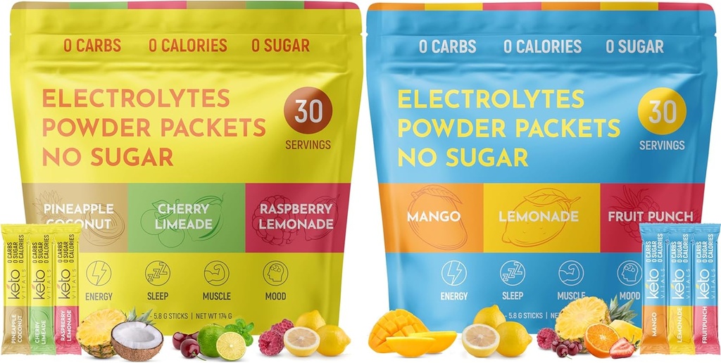 Keto Vitals Tropical & Original Aspartled 2 Pack Bundle Electrolyte Powder Bundle - Variety Pack of Tropical and Original Flavors CLAS124; Sugar Free, Nula Calorie, Nula Carb CLAS124; Easy Travel Stick Packs CLAS124; Ket