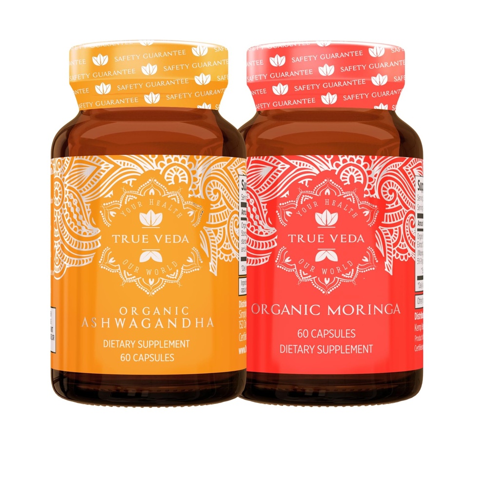 True Veda Energy Bundle USDA Organic CLANE124; Multi-Award-Winning CLANE124; Ashwagandha KSM- 66 ® CLANE124; Moringa Capsules