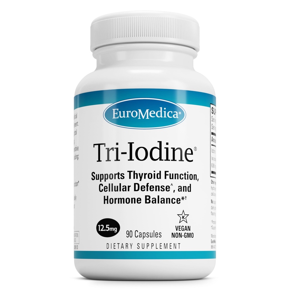 EuroMedica Tri-jód - Podpora zdraví štítné žlázy - Aid Hormon Balance s molekulárním jódem z Kelpu - funkce iodid draselný a sodík Iodid - Brain & Energy Support - 12.5mg, 90 Kapsle