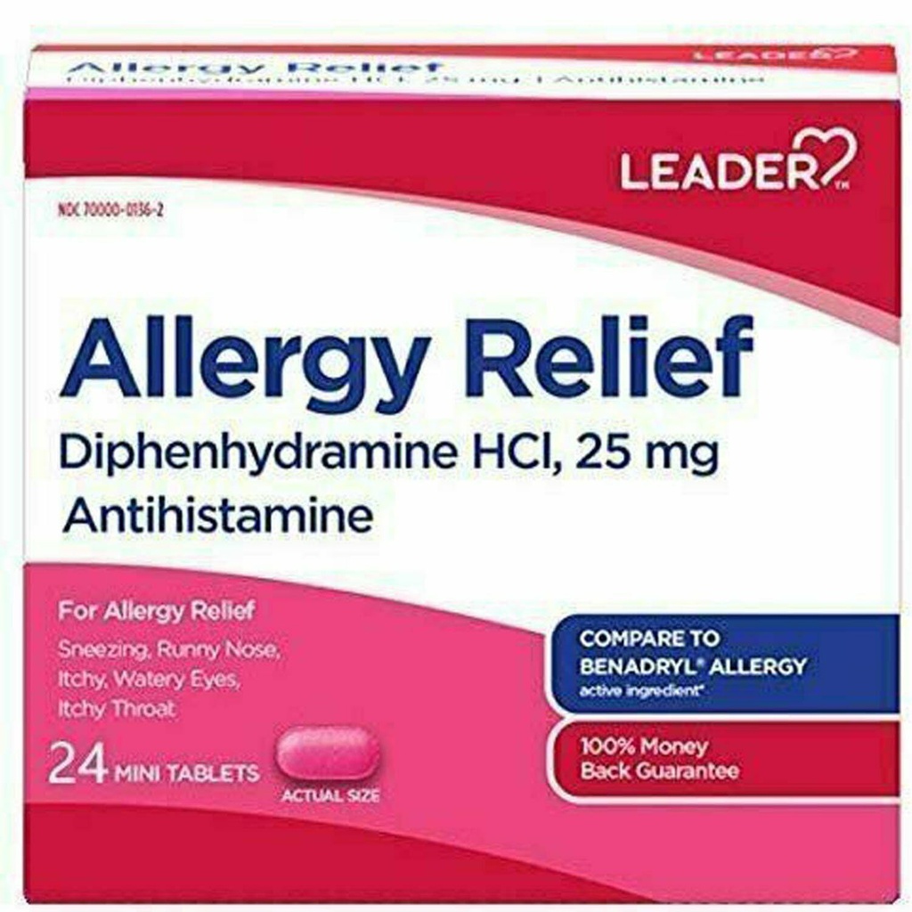Leader Antihistamin Alergie Relief Difenhydramine HCl, 25mg Mini tablety, 24 Počet