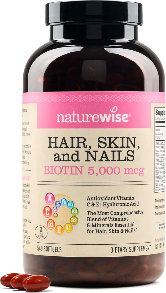 NatureWise Vlasy a nehty Vitamin, Biotin 5000mcg w / Hyaluronic Acid, Kolagen pro ženy s C, B Complex, D3, A, E, Železo - Non- GMO, Gluten Free - 540 Softgels [6-Month Supply]