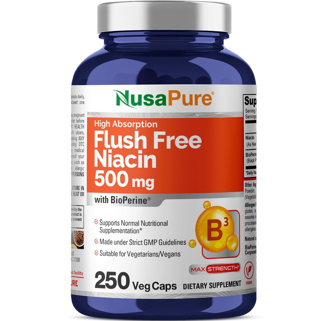 NusaPure Flush Free Niacin 500 mg 250 cap (Vegan, Non- GMO & Vegan) Bioperin