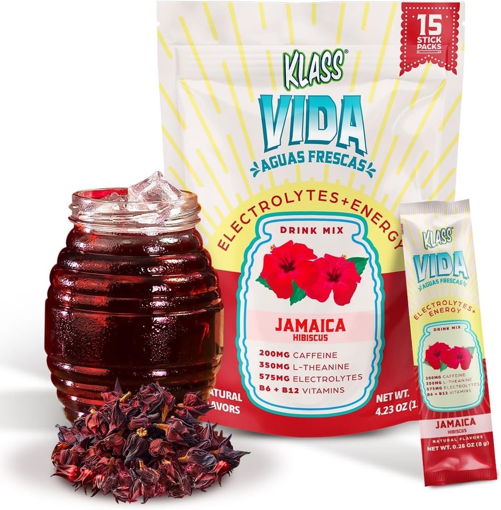 Hydratace + Energy Electrolyte Drink Mix - Hibiscus Agua Fresca Flavor 124; Sugar- Free Powder with Caffeine, L-Theanine, Coconut Water & Minerals 124; 15 Single- Serve Stick Packs, Low Calorie