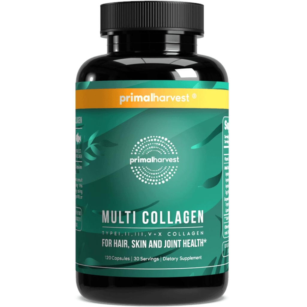 Primal Harvest Multi kolagen pilulky pro ženy a muže (typ I, II, III, V, X) 120 Kapsle w / Vitamin C pro vlasy, kůže, nehty
