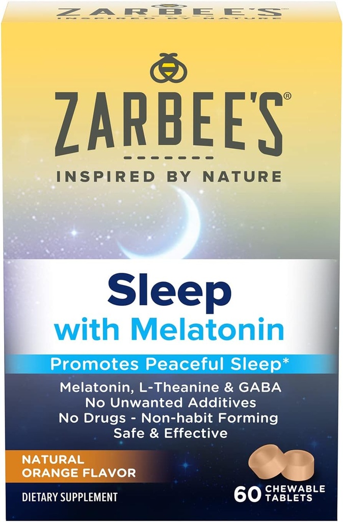 Zarbee je melatonin 5mg, L- Theanine + GABA spánkový dodatek k podpoře mírového spánku, přírodní pomerančový příchuť, žvýkací tablety pro dospělé věk 12 let, 60 Počet
