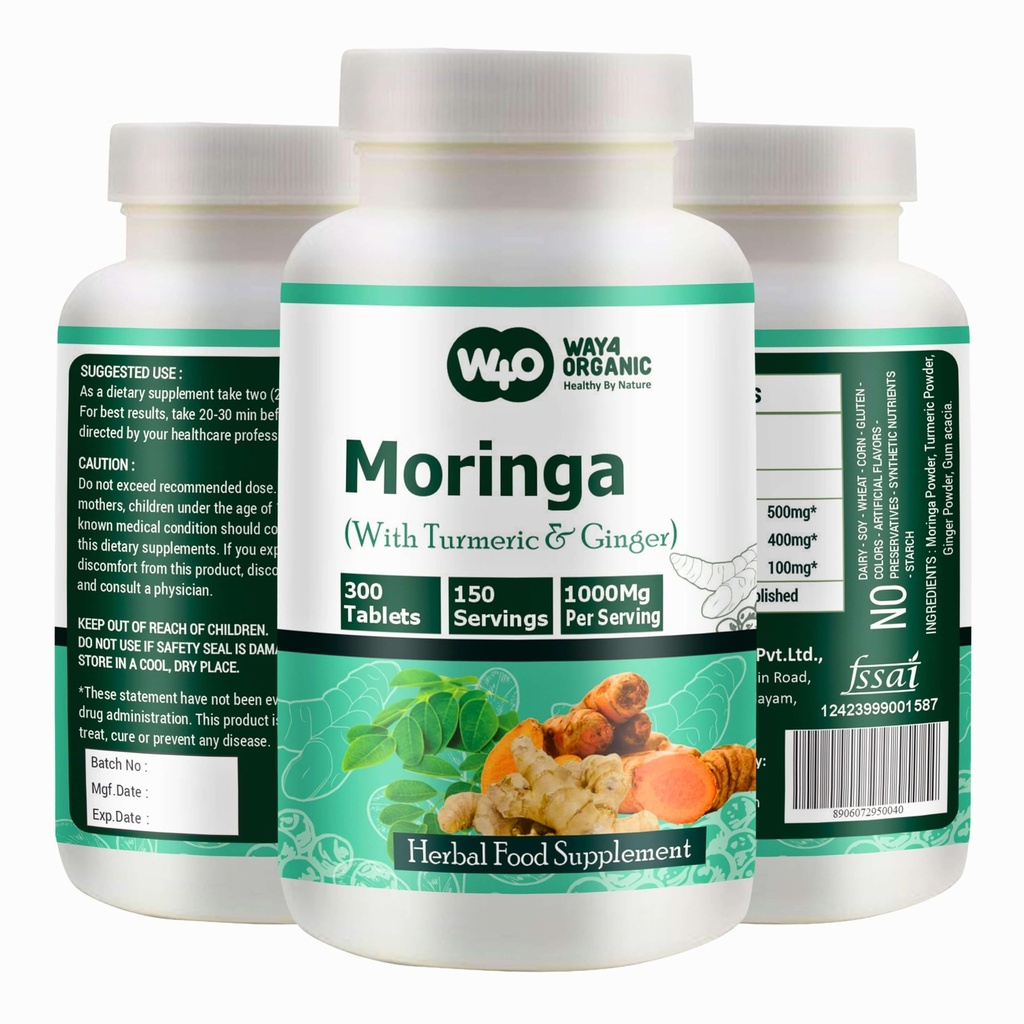 Moringa Tablets with Turmeric and Ginger, 300 pilulek, 5 měsíční zásoba, 150 Serving, 1000 Mg per Serving. Jedna tobolka s vícenásobnými účinky - podporuje trávicí zdraví (balení po 1)